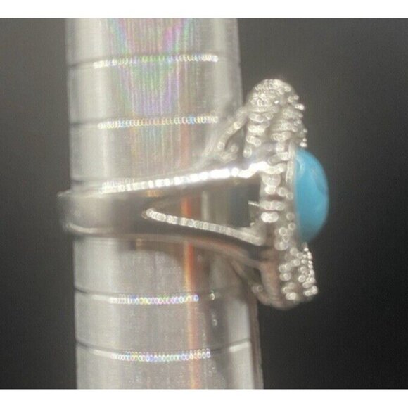 Turquoise Cabochon Ring w/ Orbiting Numerous CZ Split Shank Size 6 Futuristic - Picture 6 of 7